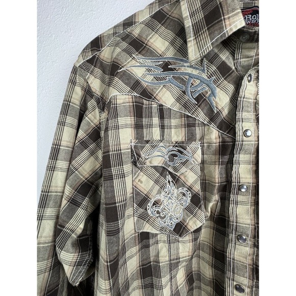 Rock & Roll Cowboy 2XL Brown Plaid Long Sleeve Pearl Snap Button Shirt - Picture 4 of 12